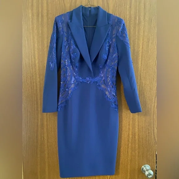 Tadashi Shoji Navy Long Sleeve Lace-Trim Sheath Dress - Picture 2 of 2